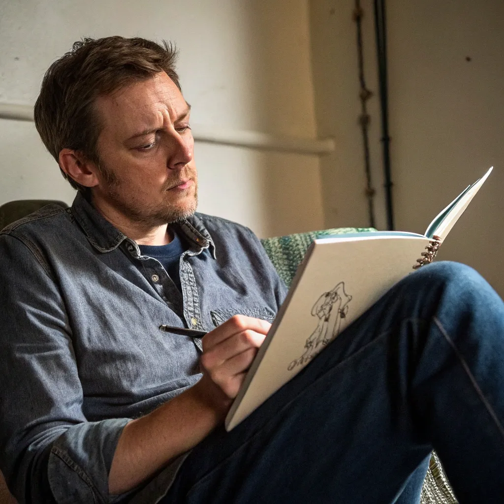 Tom Jackson holding a sketchbook